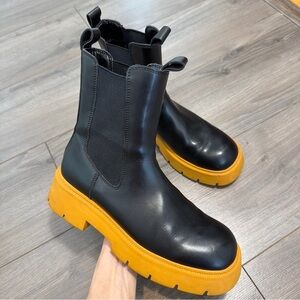 MANGO Black Leather Chelsea Boots with Yellow Platform Sole- WORN ONCE